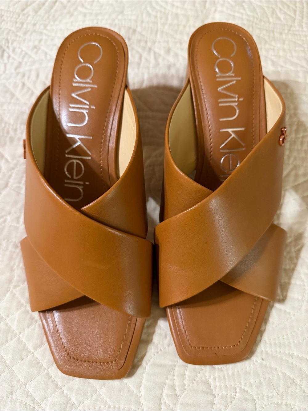 Calvin Klein Brown Leather Crisscross Slide Mules